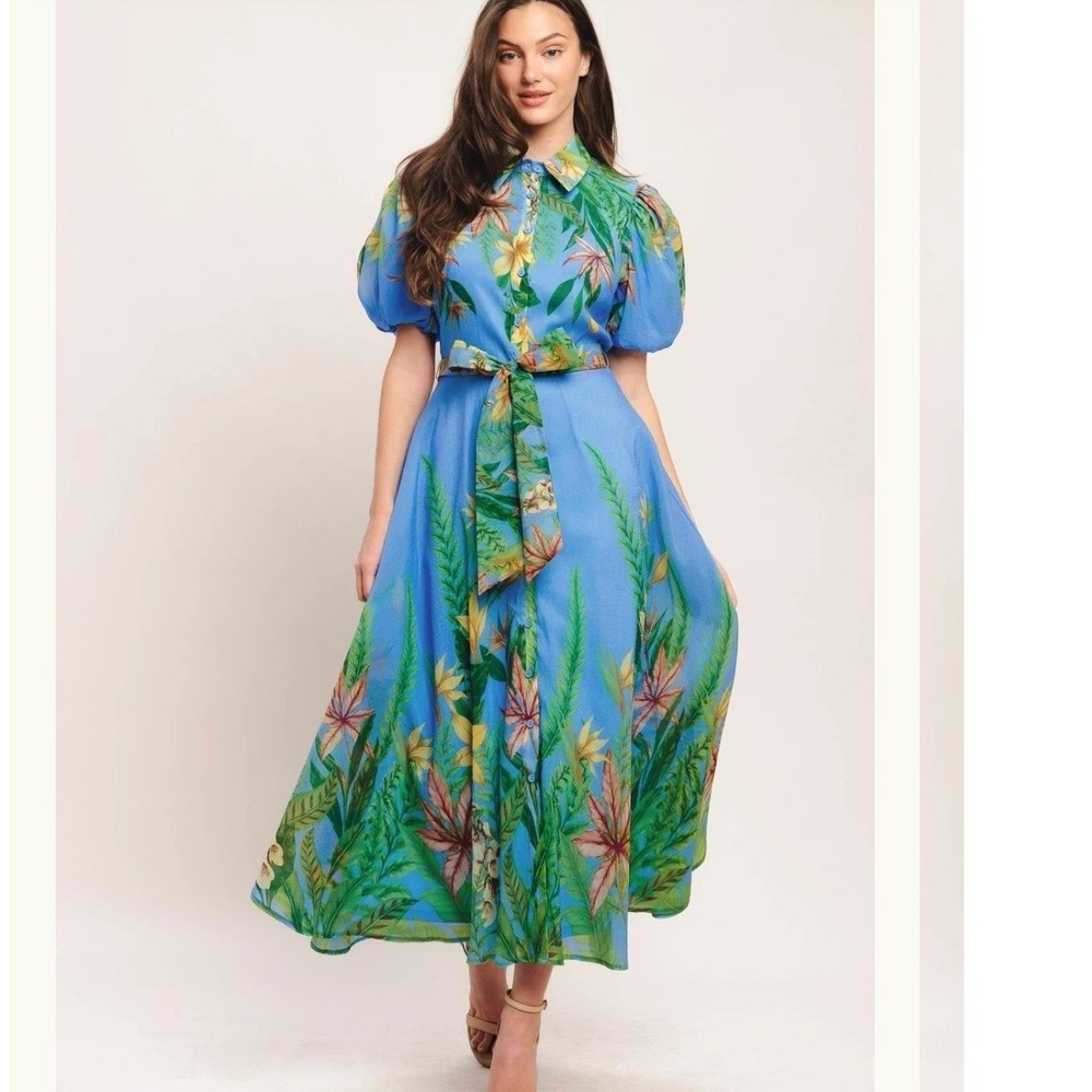 Flying Tomato Palm Serenade Blue Woven Midi Dress Tropical Floral Puff Sleeve S